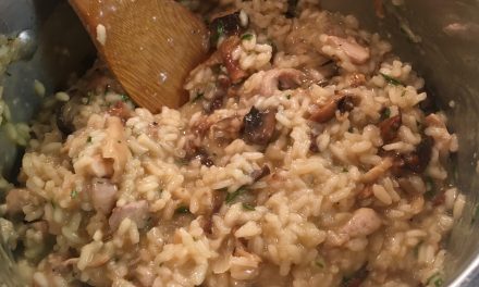 Slim Man Cooks Risotto with Chicken and Mushrooms